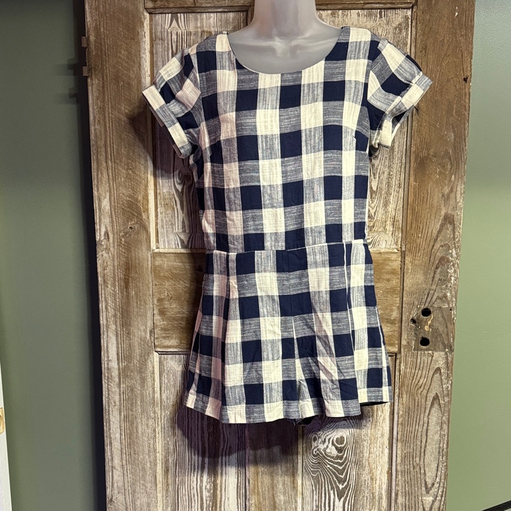 Esley Navy and Cream Plaid romper.